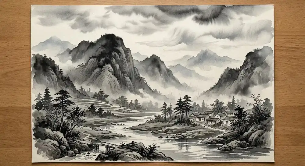 Paisaje dibujado en tinta china con técnica de aguada y degradados de negro a gris sobre papel de acuarela