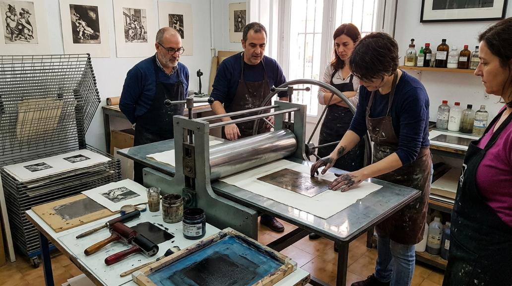 Proceso de estampación en prensa calcográfica durante un curso de grabado artístico en Madrid