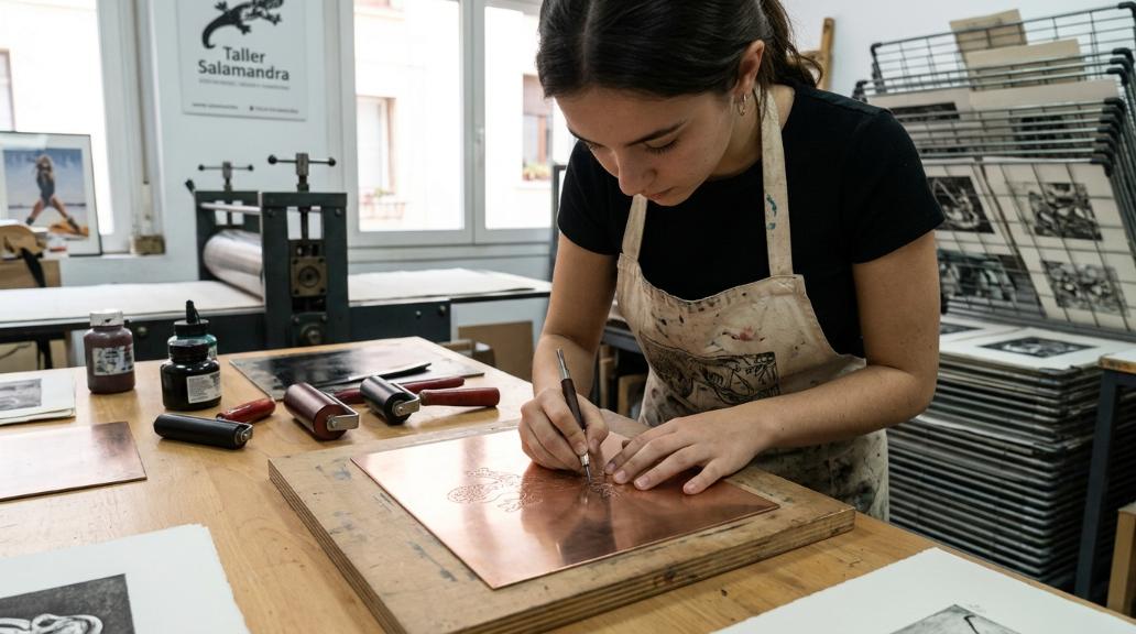 Alumna trabajando con punta seca sobre plancha metálica en el taller de grabado de Taller Salamandra en Madrid